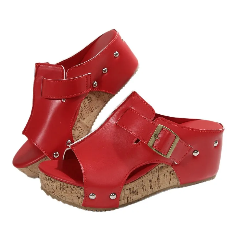 

Women Sandals Fashion Cork Wedge Mule Sandal for Women Simple Leather Open Toe Slides with Color Comfortable Metallic Shoes Hot