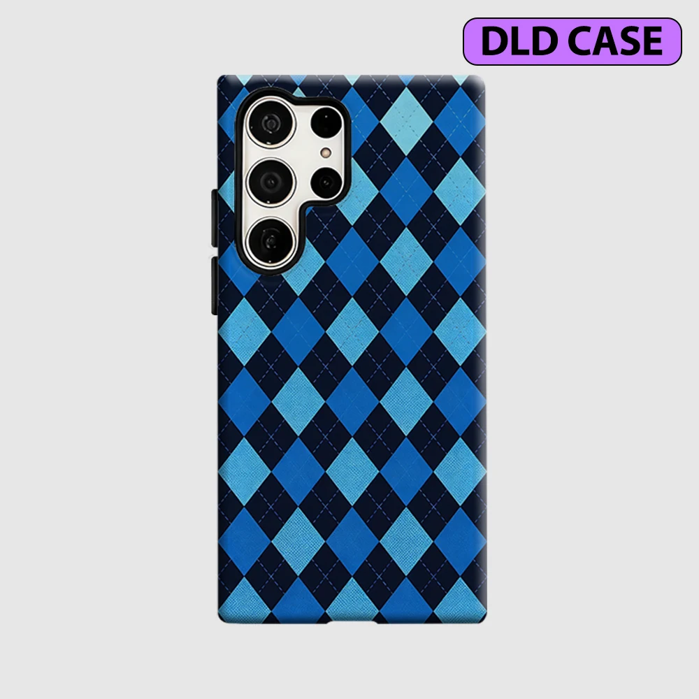 Blue Black Argyle Plaid Phone Case for Samsung Galaxy S26 S25 Ultra S24 S23 Ultra Plus Shockproof Double Layer Tough Back Cover