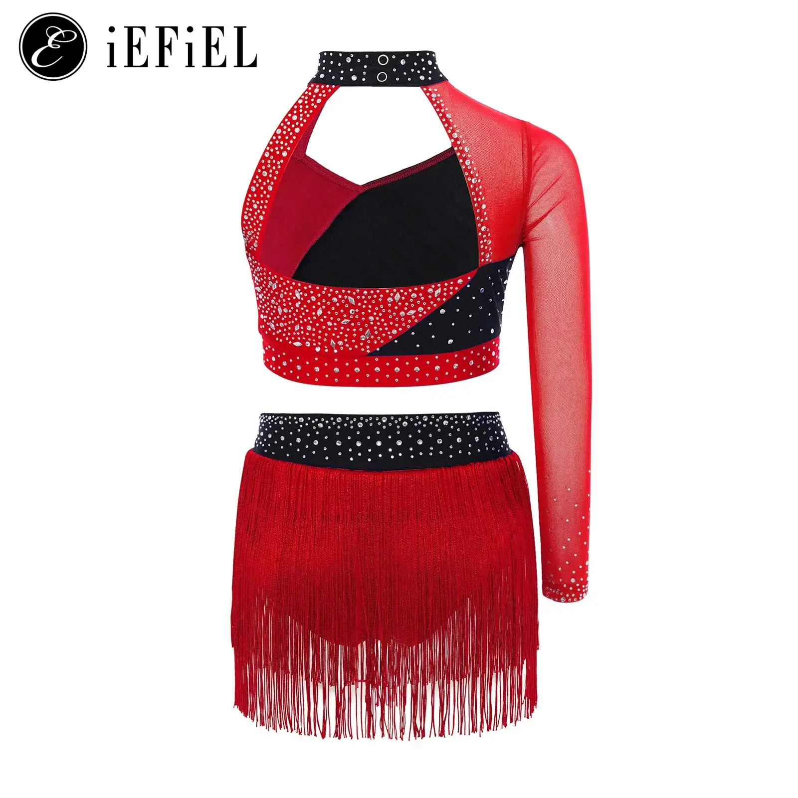 

Girls Latin Dance Outfits One Shoulder Sleeve Mesh Rhinestone Crop Top with Tassel Briefs Skirt Skating Lyrical Ballet Dance Set
