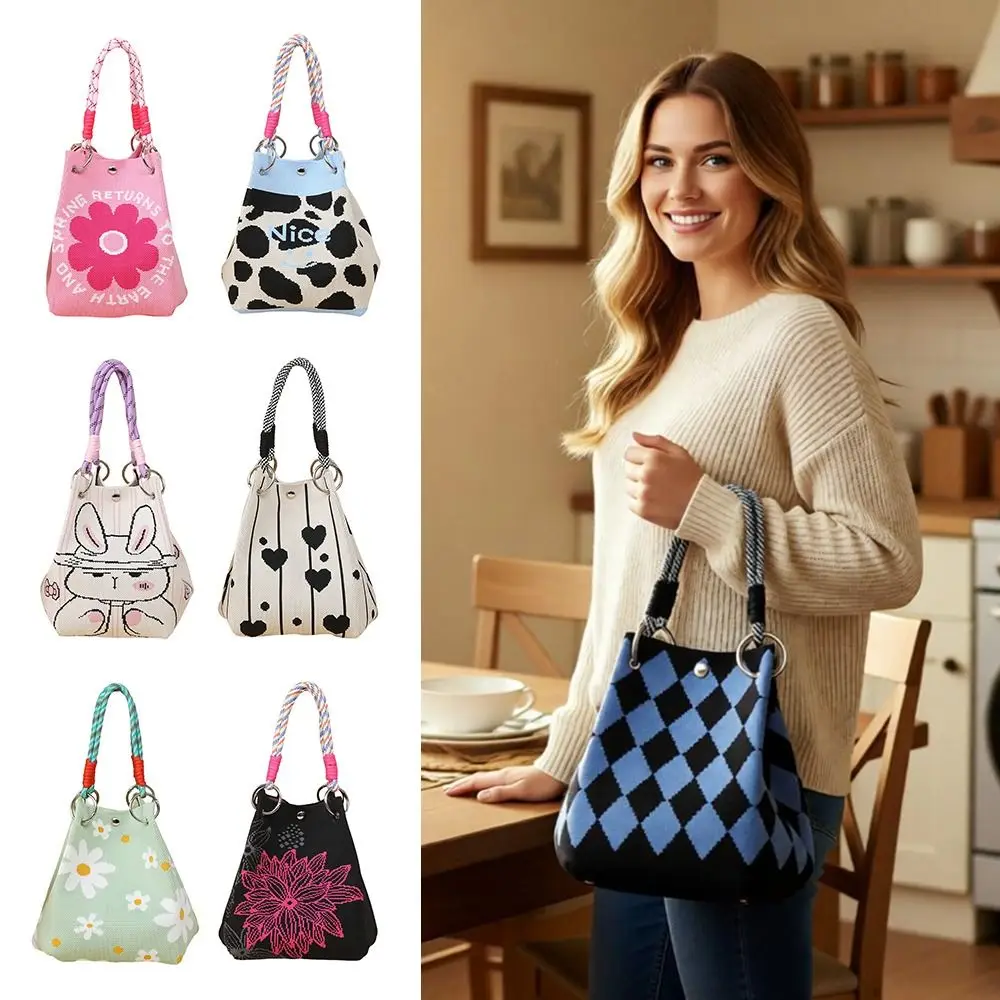 Portable Cartoon Knitted Bucket Bag Handmade Large Capacity Wrist Bag Woven Ring Buckle Tote Bag for Women Girls view 5