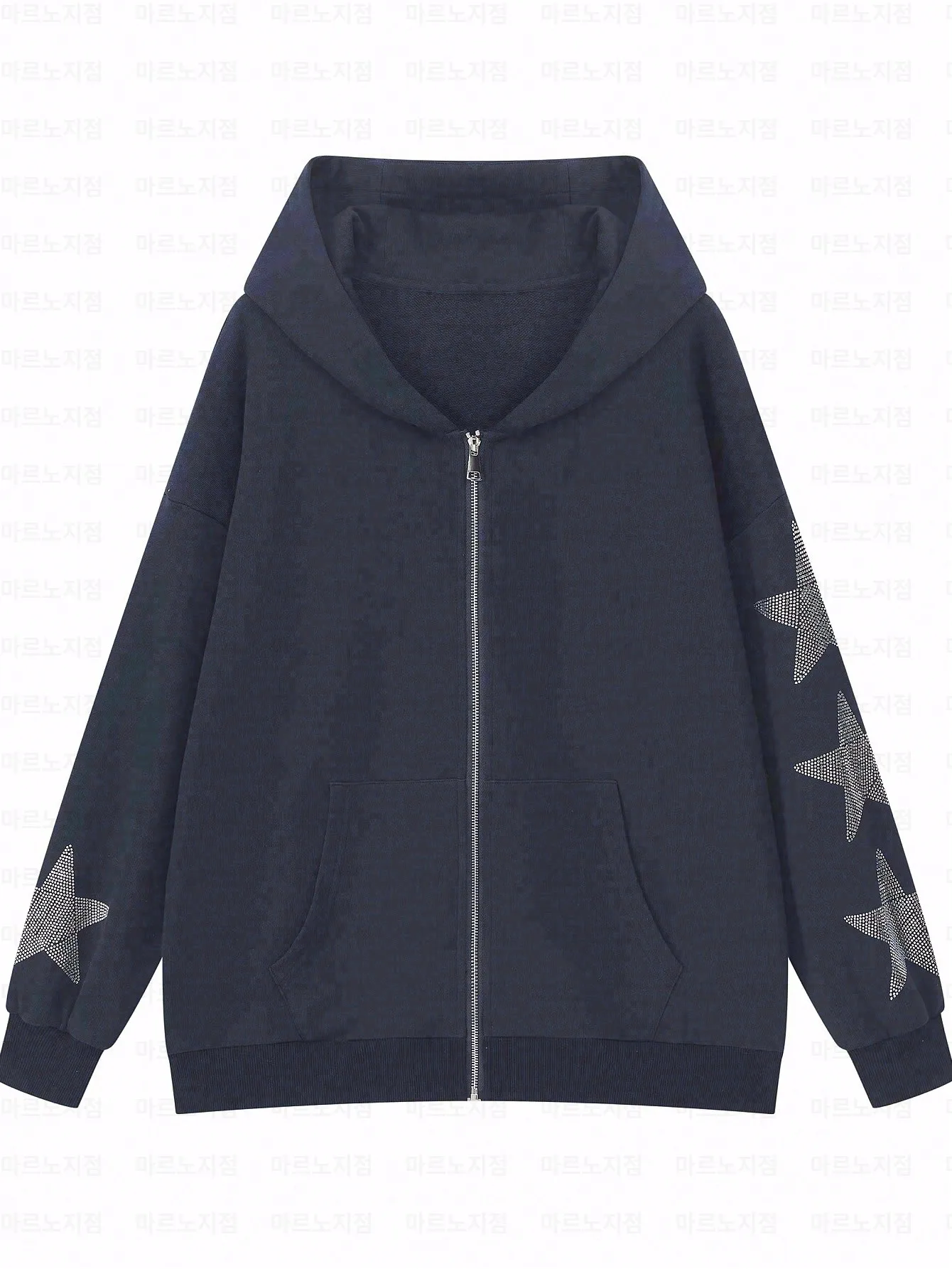 2026 Autumn Women's Navy Fleece Hooded Zip-Up Sweatshirt Star Design Rhinestone Decoration Platinum Zipper Korean Style