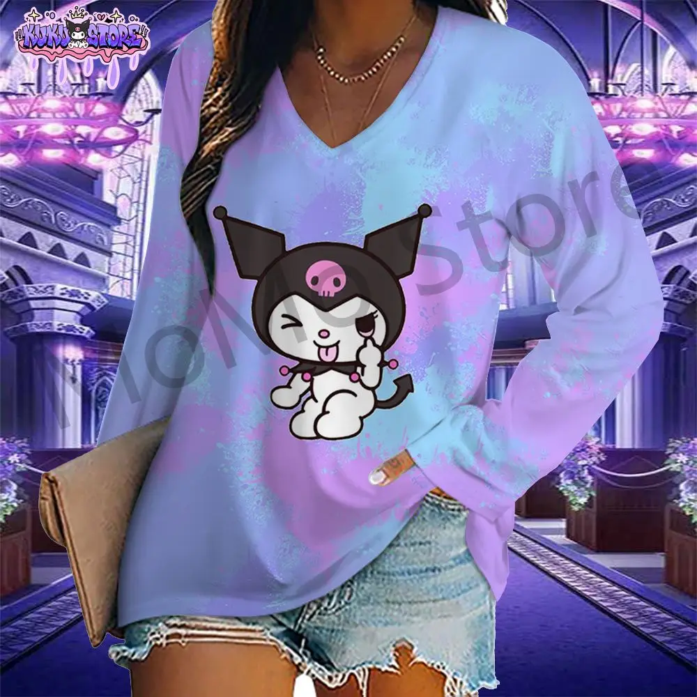 

Женские футболки Kuromi с v-образным вырезом и длинными рукавами, кавайная одежда, топ 2024, уличная мода, новинка S-3XL, милый 3D-принт Y2k для отдыха
