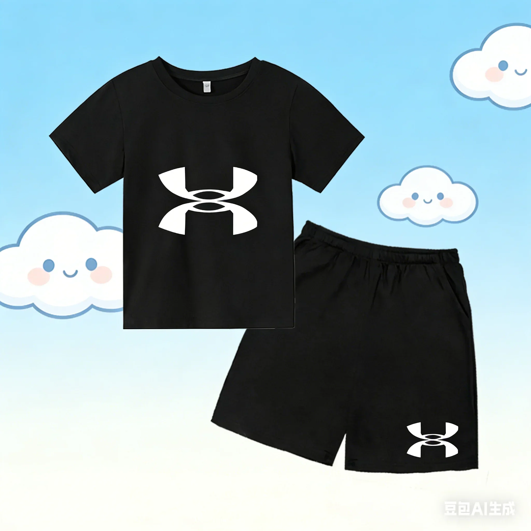 

enfants en 2 piècesT-shirt et short de sport à manches courtes pour enfants avec logo imprimé - Ensemble de vêtements de sport