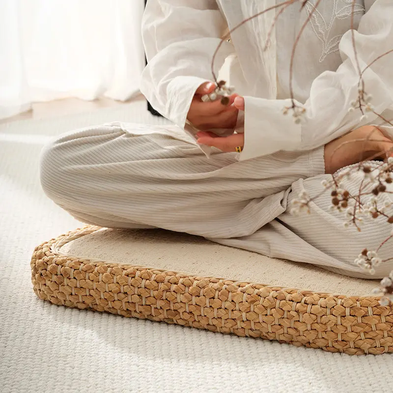 Rattan Woven Floor Cushion for Reading Large Tatami Meditation Mat for Yoga Handmade Straw Pouf for Home Comfortable Futon