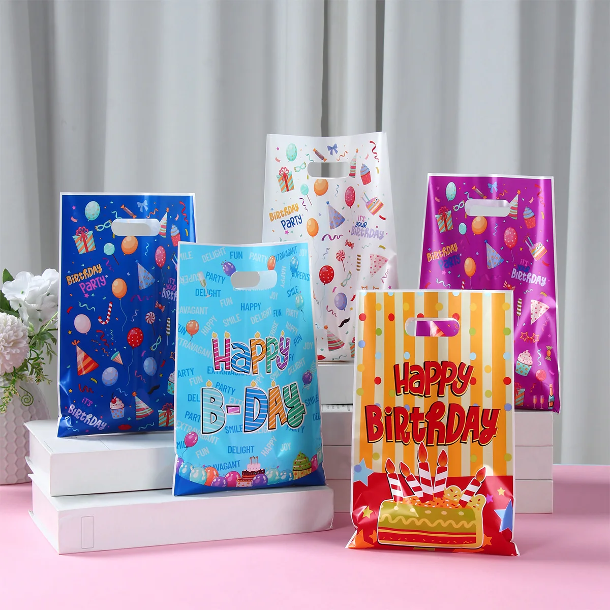 10/25/50Pcs Mixed Happy Birthday Plastic Gift Packing Bags Candy Bag Shopping Tote Bag for Baby Shower Kids Birthday Party Decor