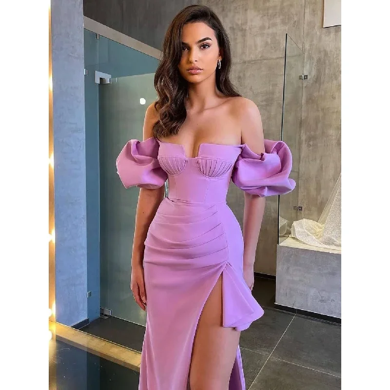 2024 New Elegant Light Purple Bra Slim Fit Bandage Dress Sexy Off the Shoulder Bubble Sleeves High Split Banquet Party Dress