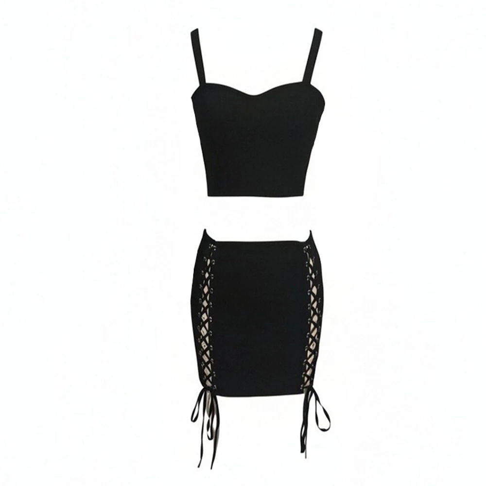 

Sexy Two Piece Dress Set Lace Up Crop Top and Bodycon Mini Skirts for Club Party Night Out Fashionable Birthday Gown Outfit