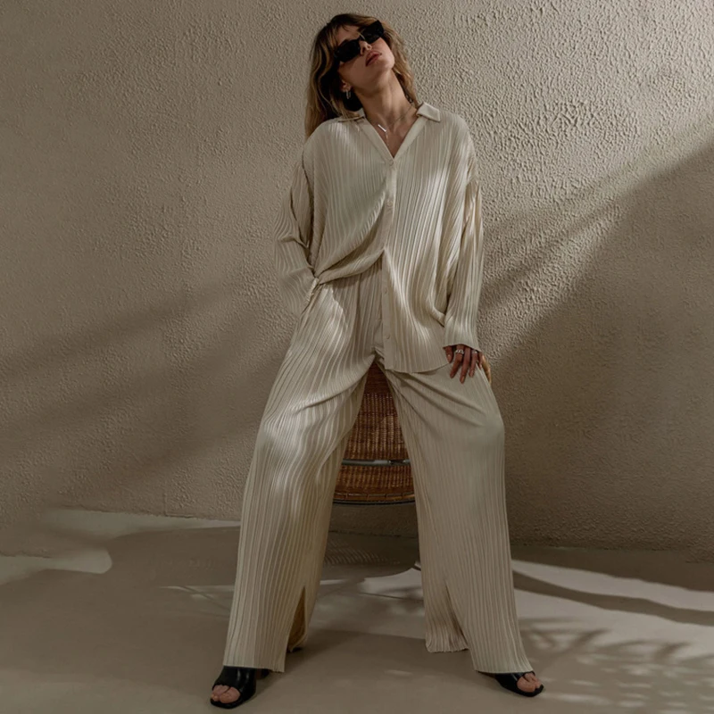 Mode dames herfstbroek set streetwear blouses met lange mouwen chique tweedelige pak wijde pijpen geplooide broek set dame outfit