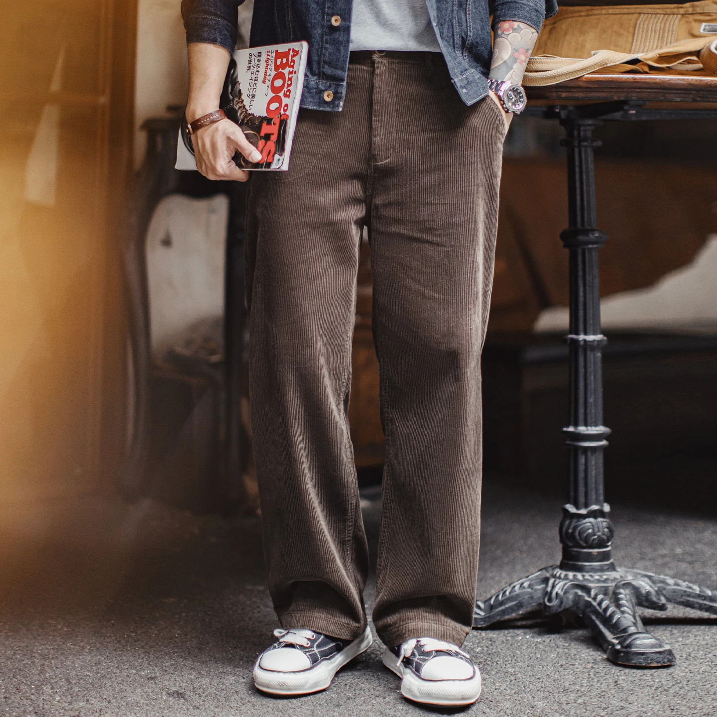 Maden Brown Corduroy Pants Coffee Heavyweight Straight Leg Vintage Men's Trousers Draped Wide Casual Pants for Autumn and Winter