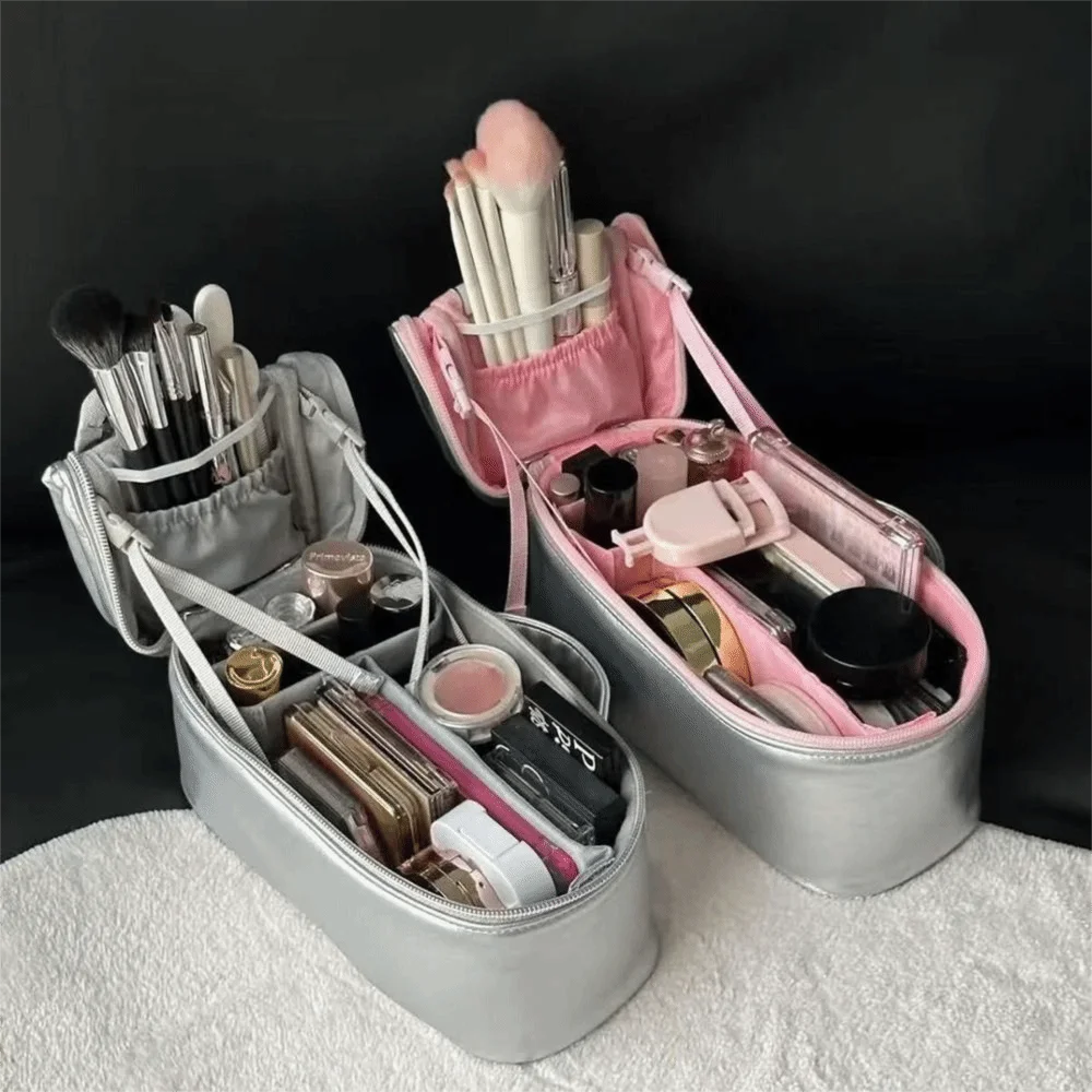 PU Leather Silver Makeup Bag Large Capacity Detachable Vertical Toiletry Handbag with Handle Waterproof Cosmetic Storage Pouch