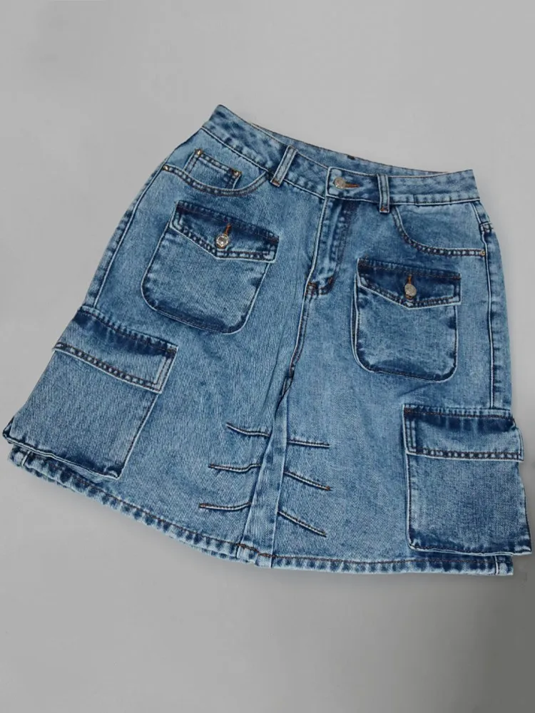 ผู้หญิงกางเกงยีนส์สั้นกางเกงตรง Midi Casual หลายกระเป๋าเข่าความยาว Vintage ล้าง Cargo Feminino Jean กางเกงขาสั้น 2025 ฤดูร้อนใหม่