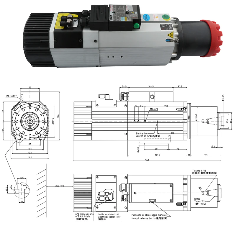 Husillo de cambio de herramienta automática, soporte de herramientas ISO30, 9,0 kW, ATC, 220V, 380V, husillo refrigerado por aire, fresadora CNC para carpintería