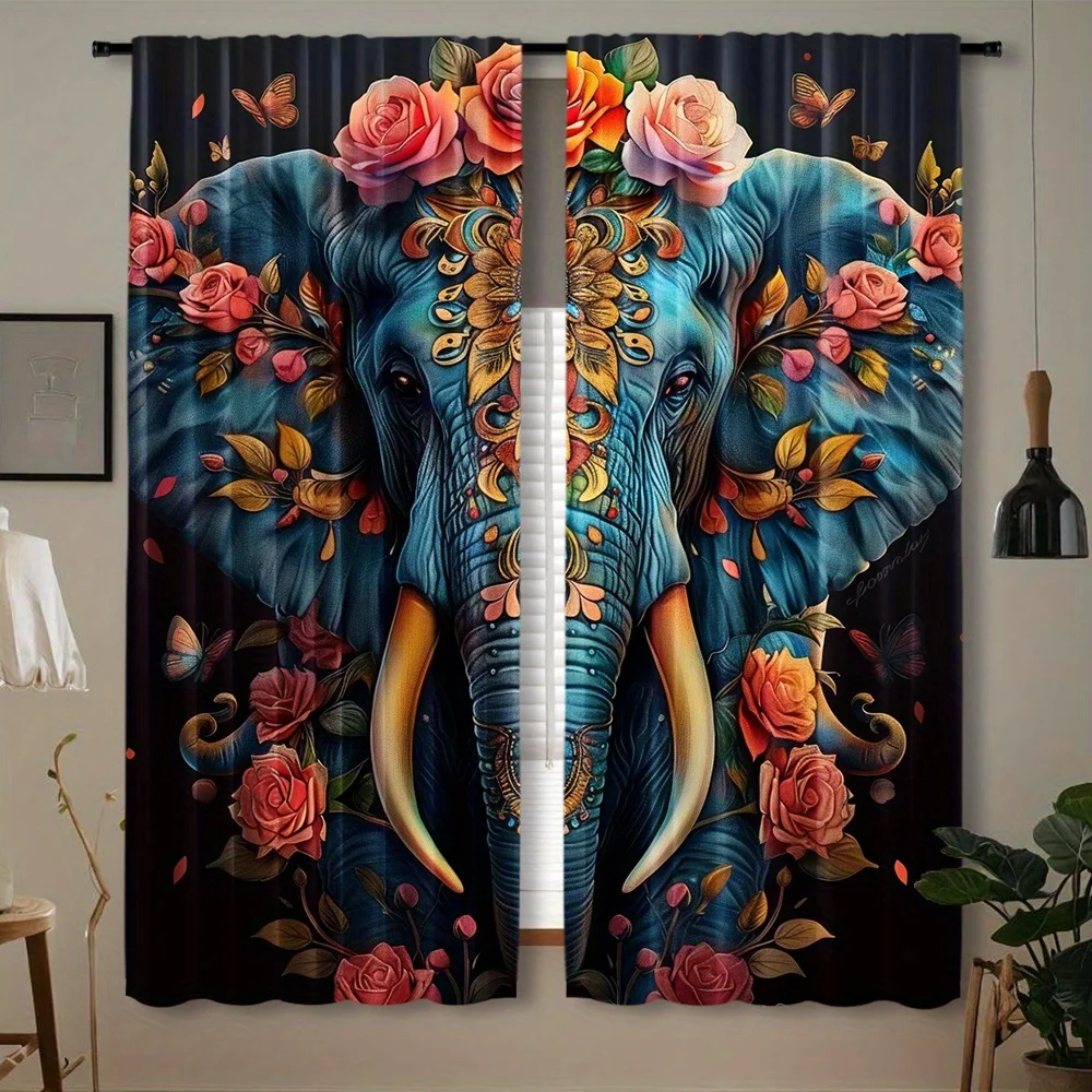 

Синий слон, шторы с цветочным узором розы, богемное искусство, домашний декор, гостиная, спальня, обработка окон, экзотический дизайн природы