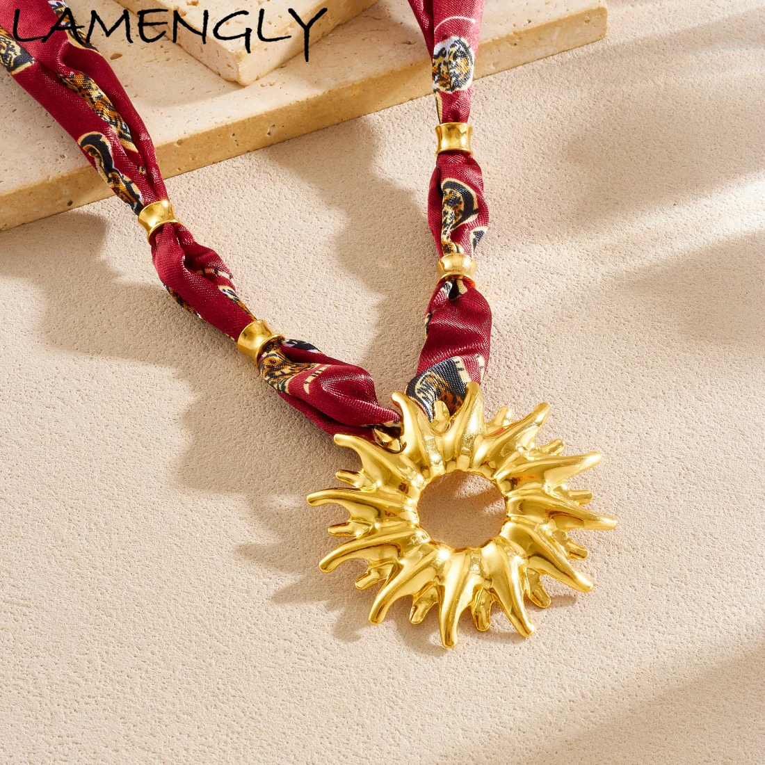 

LAMENGLY Temperament Red Ribbon Chain Geometric Hollow Spiral Sun Pendant Necklace Women 316L Stainless Steel Waterproof Jewelry