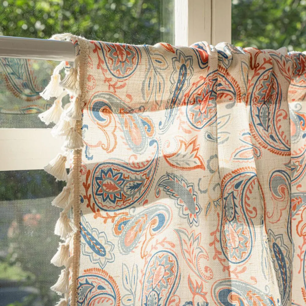 1pc Farmhouse Vintage Short Curtain, Bohemian Fringe Coffee Curtain, Cross-Border European Middle Eastern Curtains, Finished Pro
