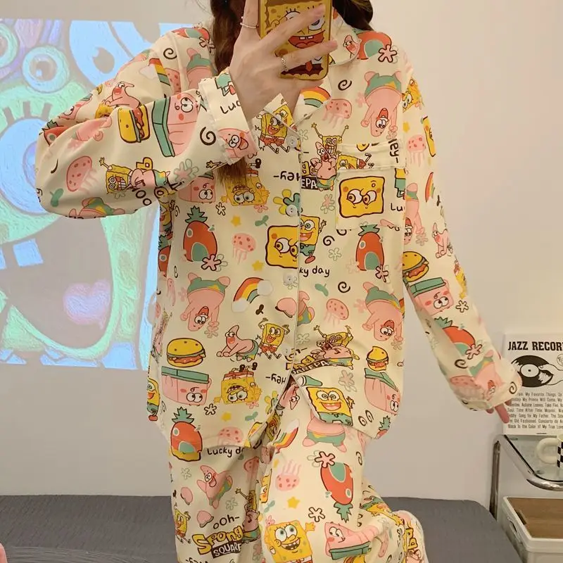 

Cute SpongeBob SquarePants Pajama Cartoon Student Loose Long Sleeves Pants Spring and Autumn Home Clothes Set Girl's Gifts Toys