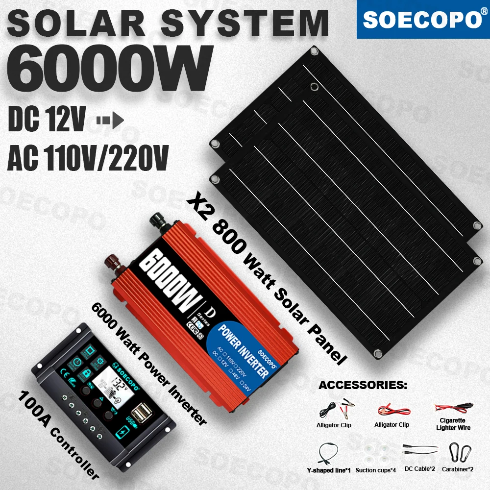 

Off Grid 6000W Peak Solar Kit 2 Panel 100A Controller 12V To 110V 220V Inverter Rade 650W Lightweight for Home Camp RV Charger