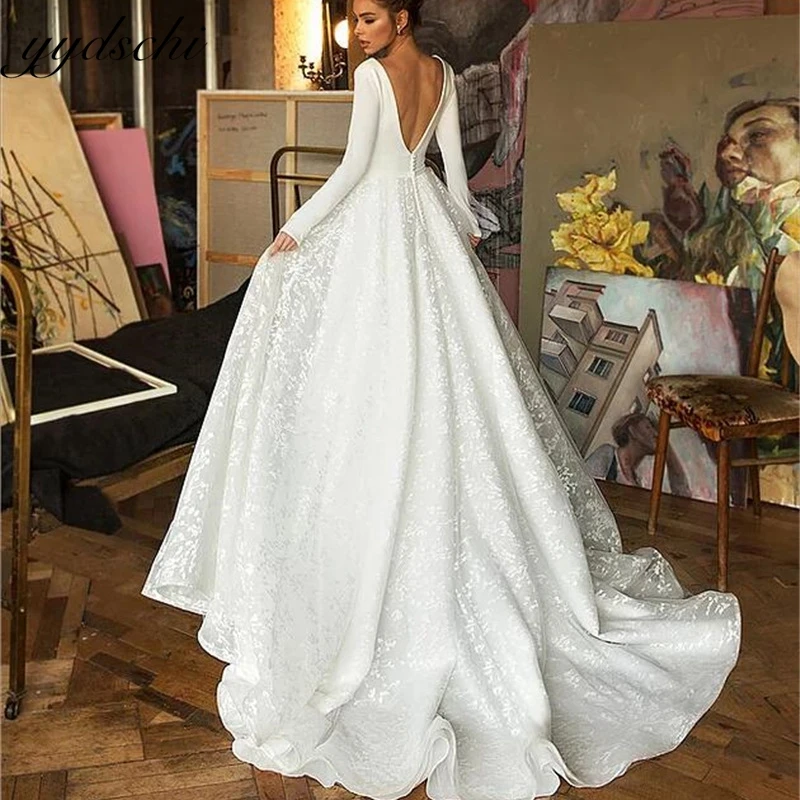 Customized Simple Backless Full Sleeves Appliques Tulle Wedding Dresses For Women 2024 Sweep Train Bride Gowns vestidos de novia