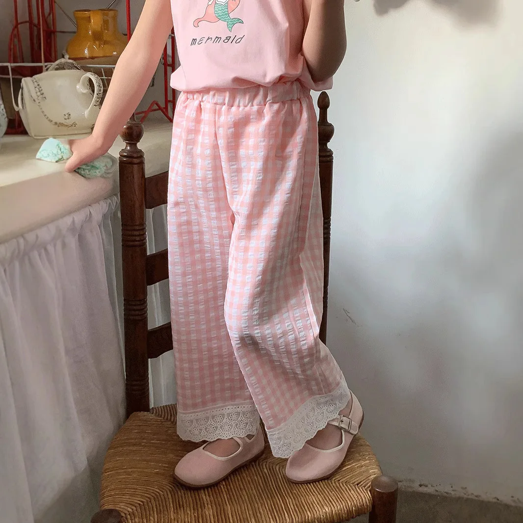 Toddler Girls Plaid Wide Leg Pants Spring Summer Lightweight Colorful 9/10 Length Anti-Mosquito Bug Repellent Chic