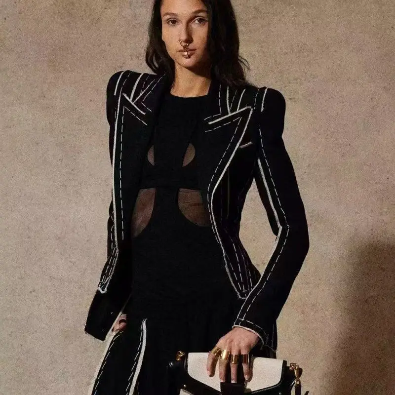 Slim Fit Suit Jacket 2026 New Style Celebrity Fashion Color Block Bead  Line British Style Long Sleeve Synthetic Leather ...