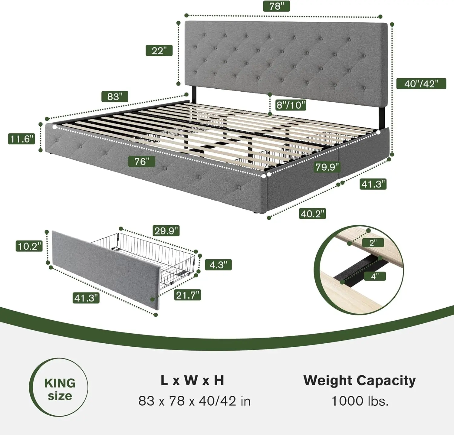 King Size Bed Frame with 4 Storage Drawers, Upholstered Platform Bed with Button Tufted Adjustable Headboard,