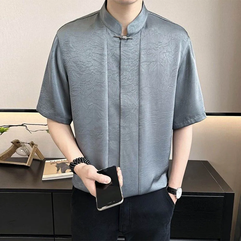 

Мужская однотонная рубашка с короткими рукавами в китайском стиле ретро, модный тренд, уличная свободная повседневная дышащая ниша, новинка 2023 года, летний мужской топ