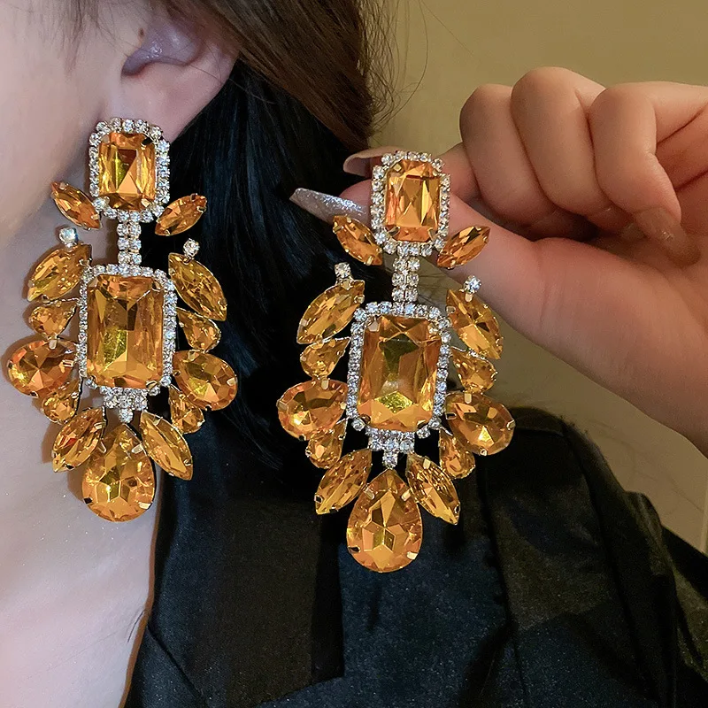 Orange Rhinestone Geometric Earrings for Women Retro Exaggerated Drop Earrings Temperament Party Accessories Girls Gifts