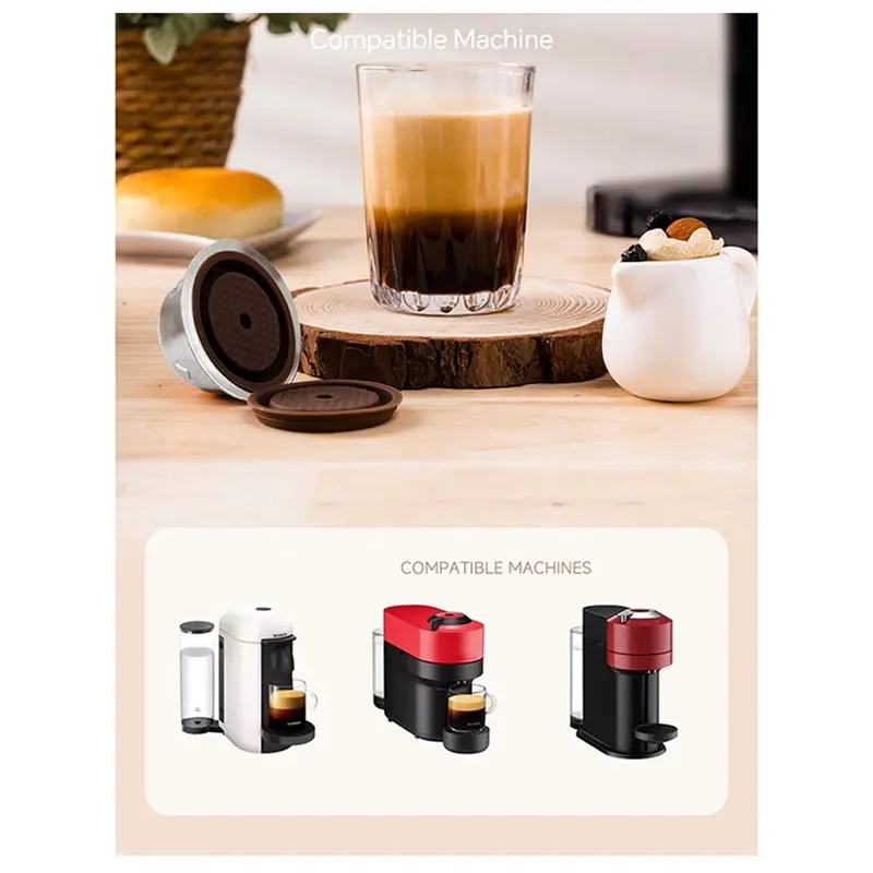 AB66-Reusable Espresso Pods For Nespresso Vertuo /Next/Plus- Refillable Coffee Capsules With Powder Tamper Spoon Brush