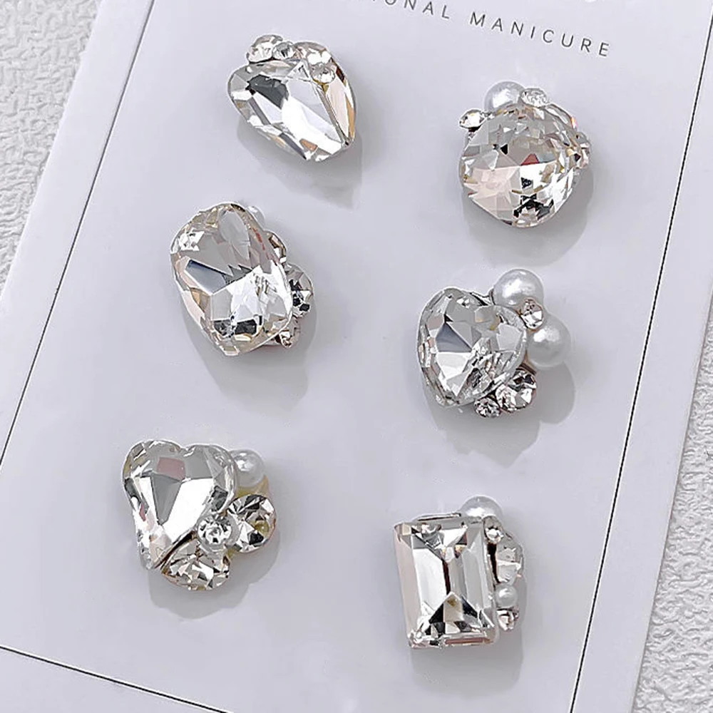 24Pcs Luxury Ice-Transparent Pile Nail Art Rhinestone Super-Shinying Heart/Square/Oval Clear Nail Crystal DIY Alloy Pile Drill