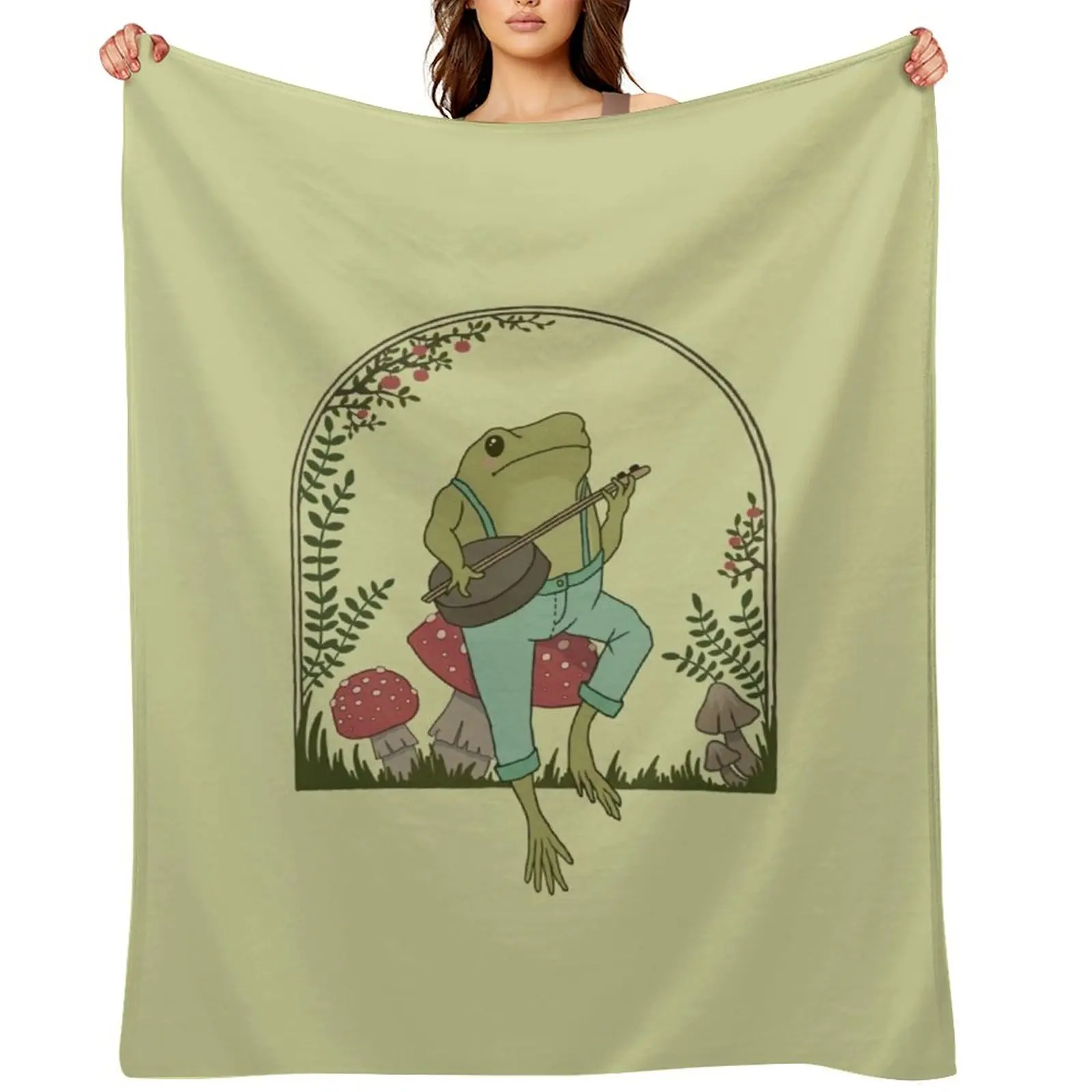 Cottagecore Aesthetic Frog Playing Banjo on Mushroom Cute Vintage - Goblincore Farmer Toad in Garden - Dark Academ Throw Blanket