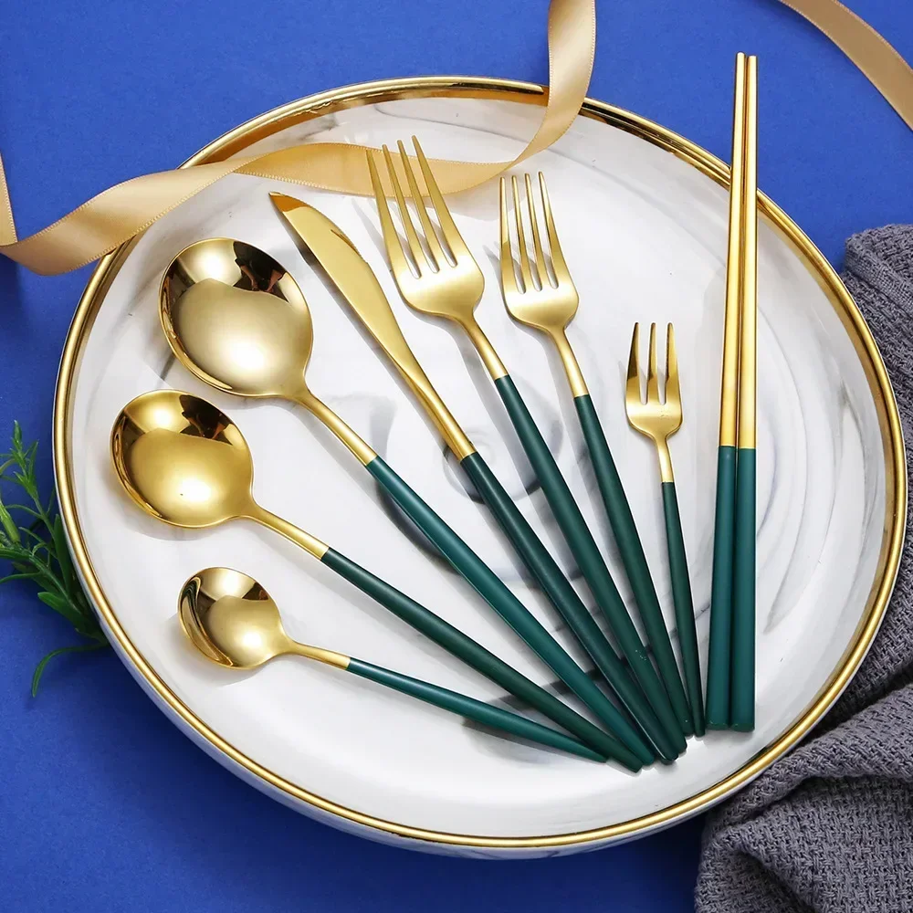 

5-Pcs Luxury Golden Cutlery 304 Stainless Steel Dinnerware Set Rose Gold Knife Fork Silverware Dinner Tableware Kitchen