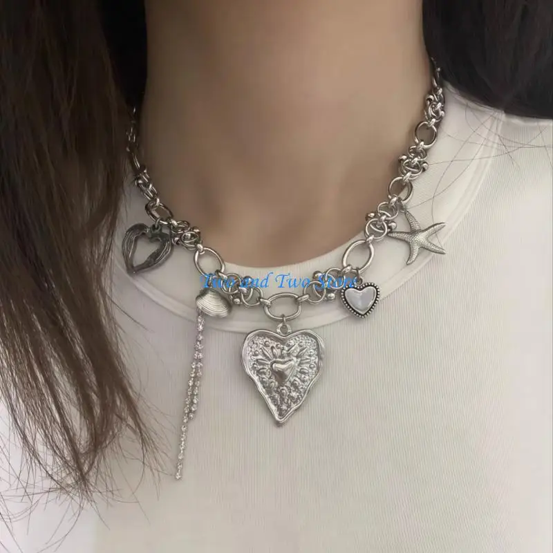 HX6F Trendy Layer Drop Pendant Necklace Showcasing Ornate Heart And Moving Fringe Detail