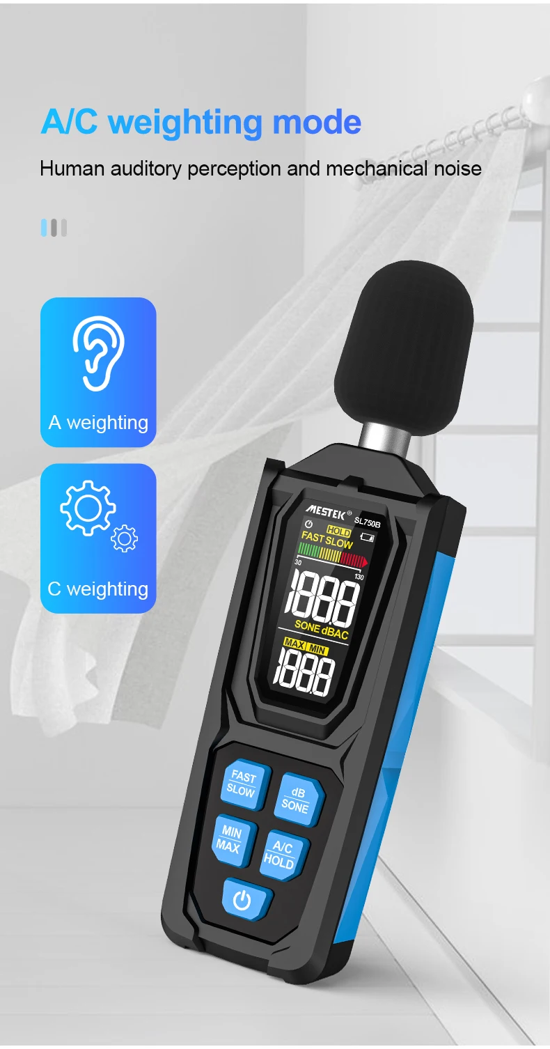 SL750B Digitales Schallpegelmessgerät 30–130 dB A/C gewichtetes professionelles Sonometer Lärmtester Lärm Dezibel-Messgerät – Detail 6