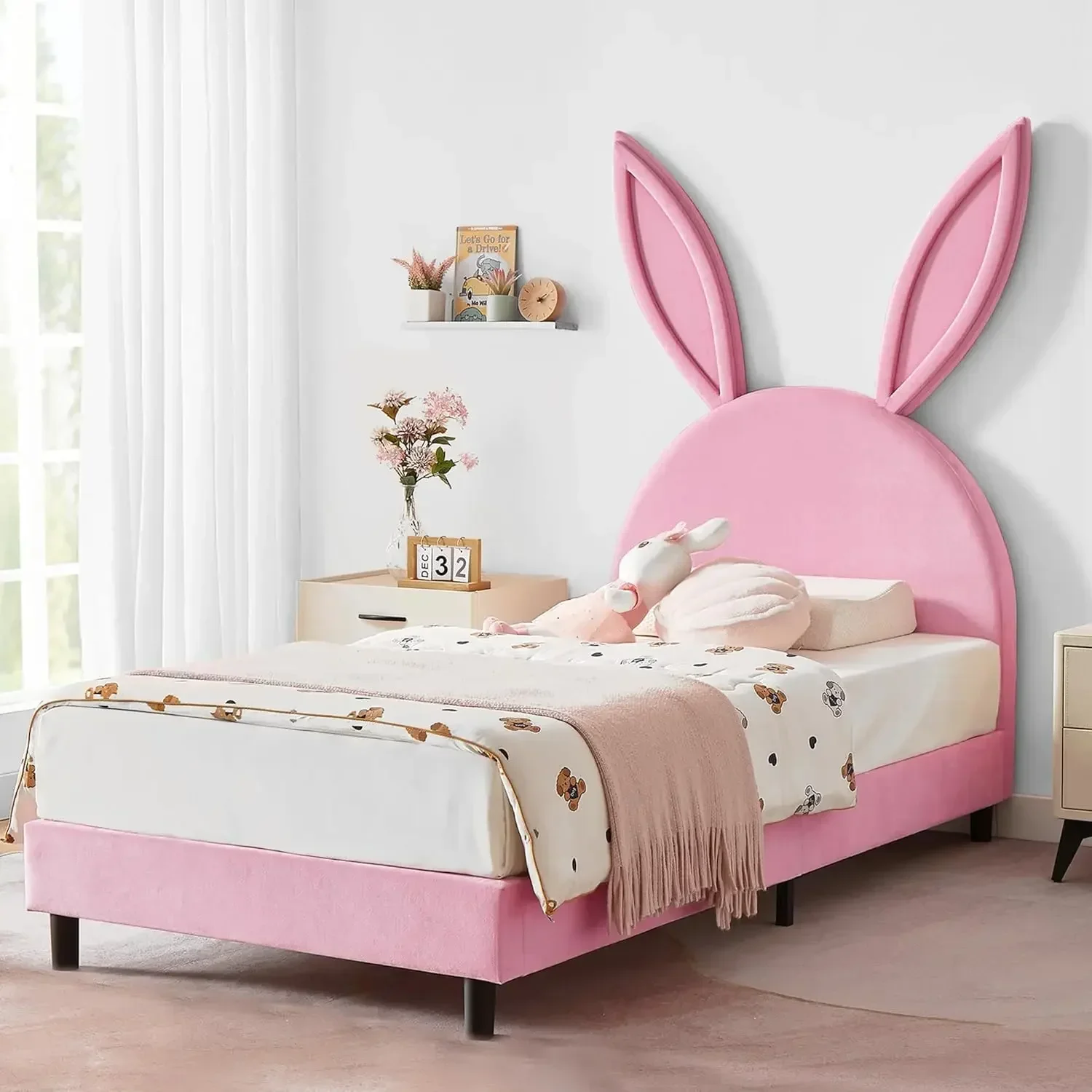 Pink Twin Bed Frame with Bunny Ear Headboard, Upholstered Velvet Padded for Girls, Sturdy Wood Slats, No Box Spring Needed