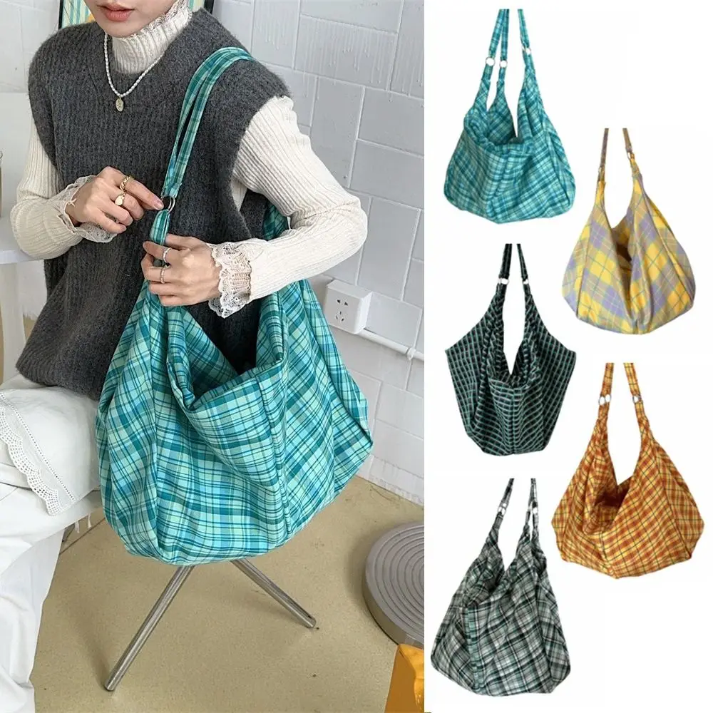 

Retro Plaid Tote Bag Colorful Plaid Single-shoulder Bag Large Capacity Non-Adjustable Strap Canvas Underarm Bag Student Use