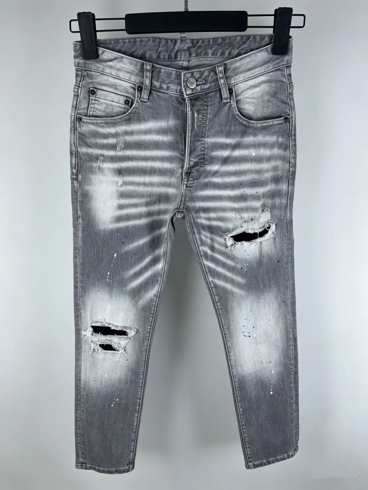 

6088 Four Seasons New Men's Wear Washed Patch Paint Three-dimensional Cut Leg Grey Jeans for Men