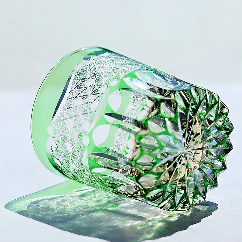 Hand Cut Blue Whiskey Glass Tumbler Japanese Style Edo Kiriko Green Colored Whiskey Tumbler for Spirits And Beverag
