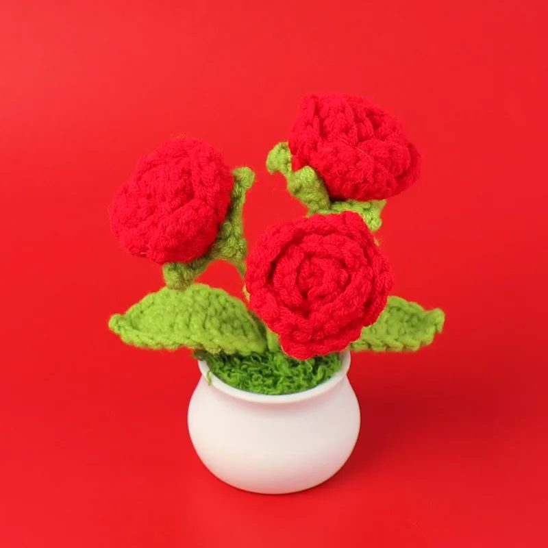 1pc Finished Simulation Rose Three Heads Handmade Crochet Mini Potted Table Decoration Valentine's Day Gift Plant Pot Home Decor