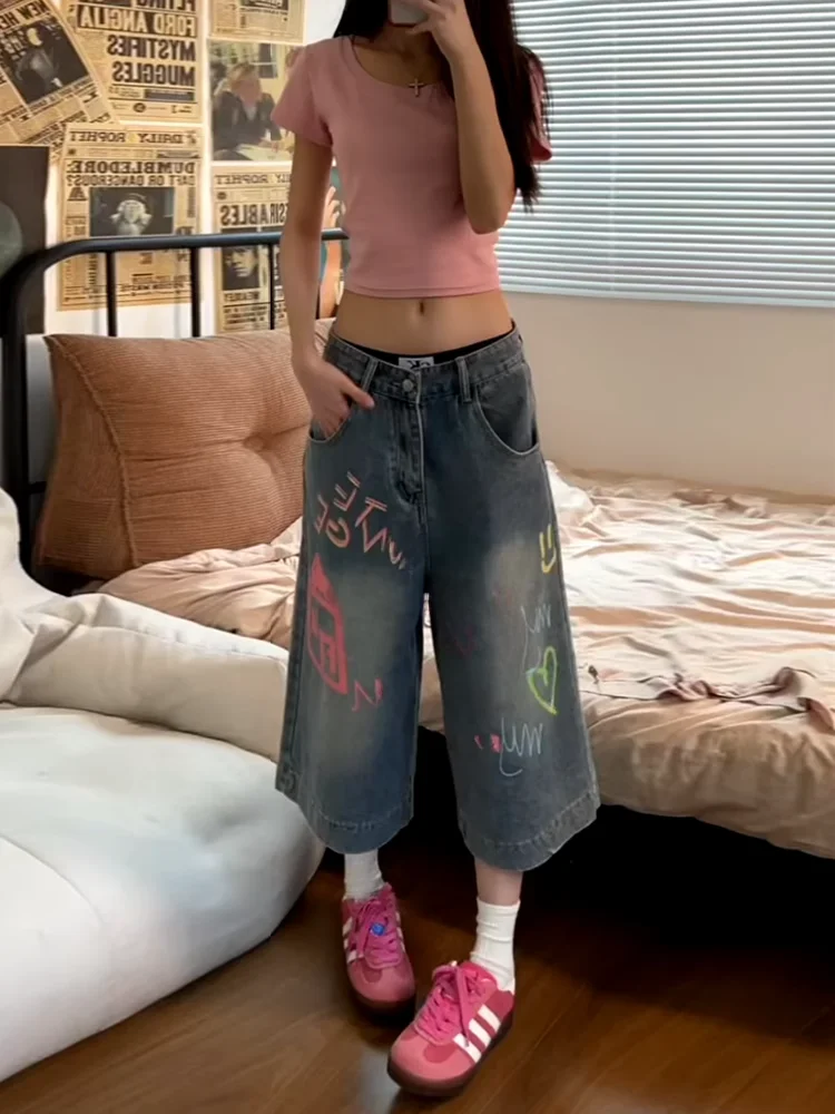 

American Style Cartoon Print High Waist Wide Leg Short Jeans Women's Spring Summer plus Size Loose Slimming Casual Pants