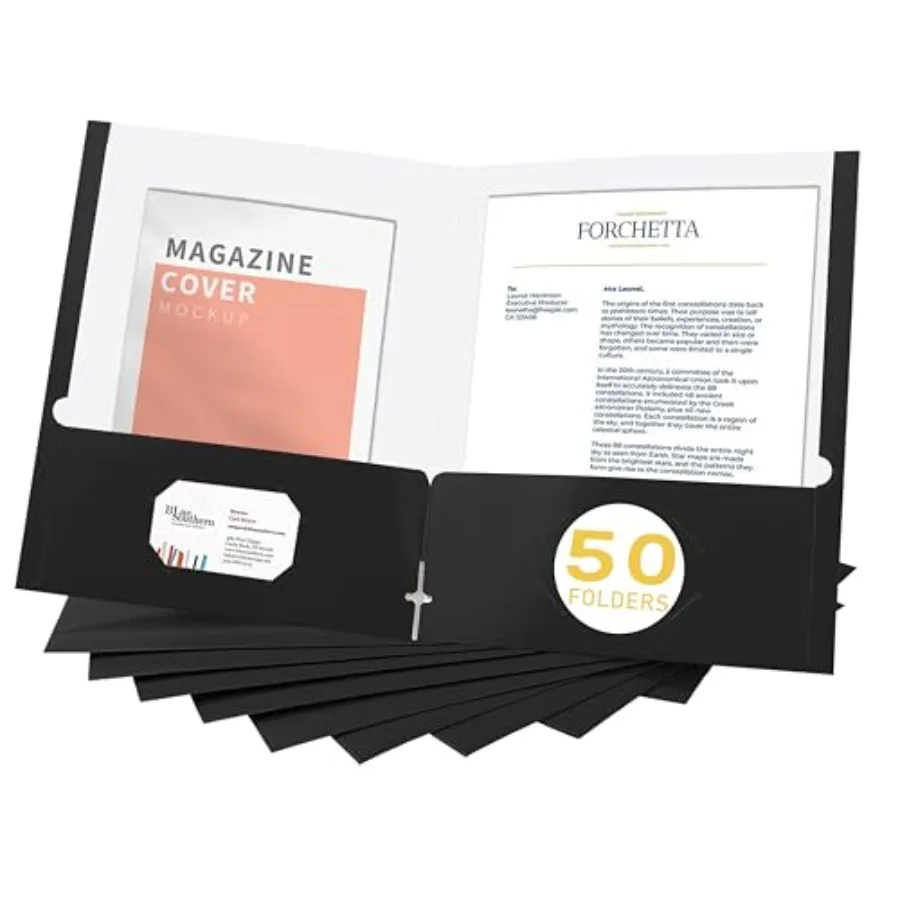 

File folders with Pockets, Black Two folders for documents, 50 Pack Paper Folders with Card Slot, Letter Size, School Students,