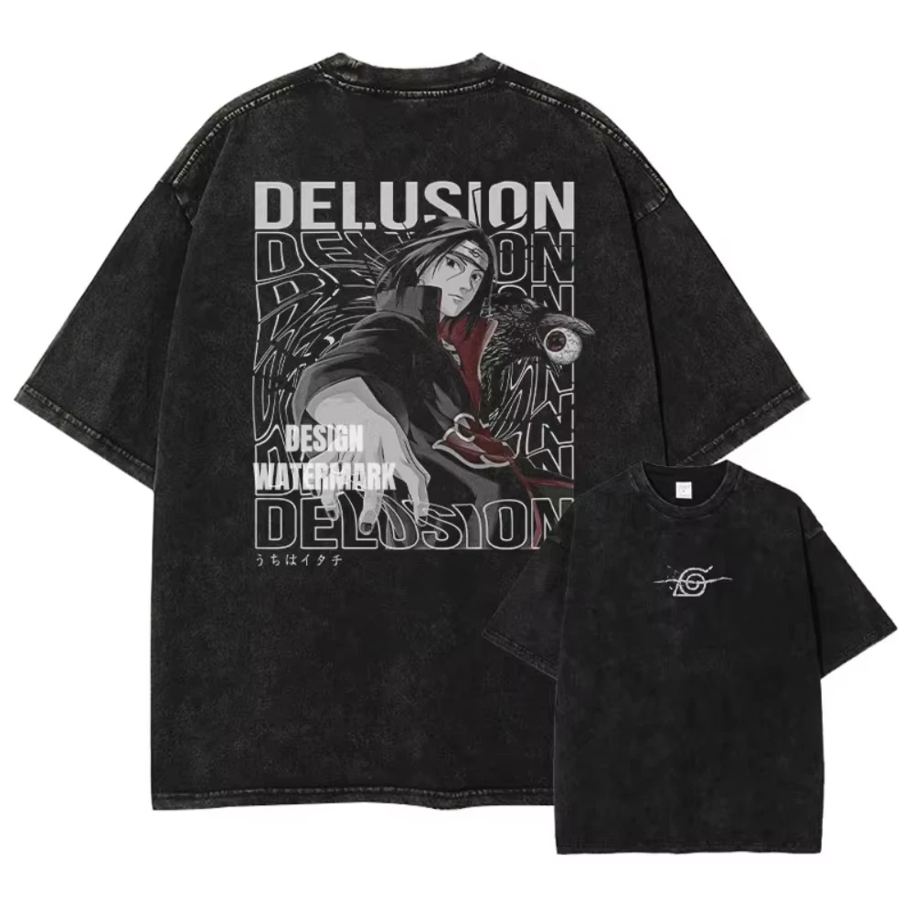 

T-shirts Vintage Washed Uchiha Itachi Printed T Shirt Oversize Streetwear Manga Kakashi Minato Obito Tops Tees Man Women