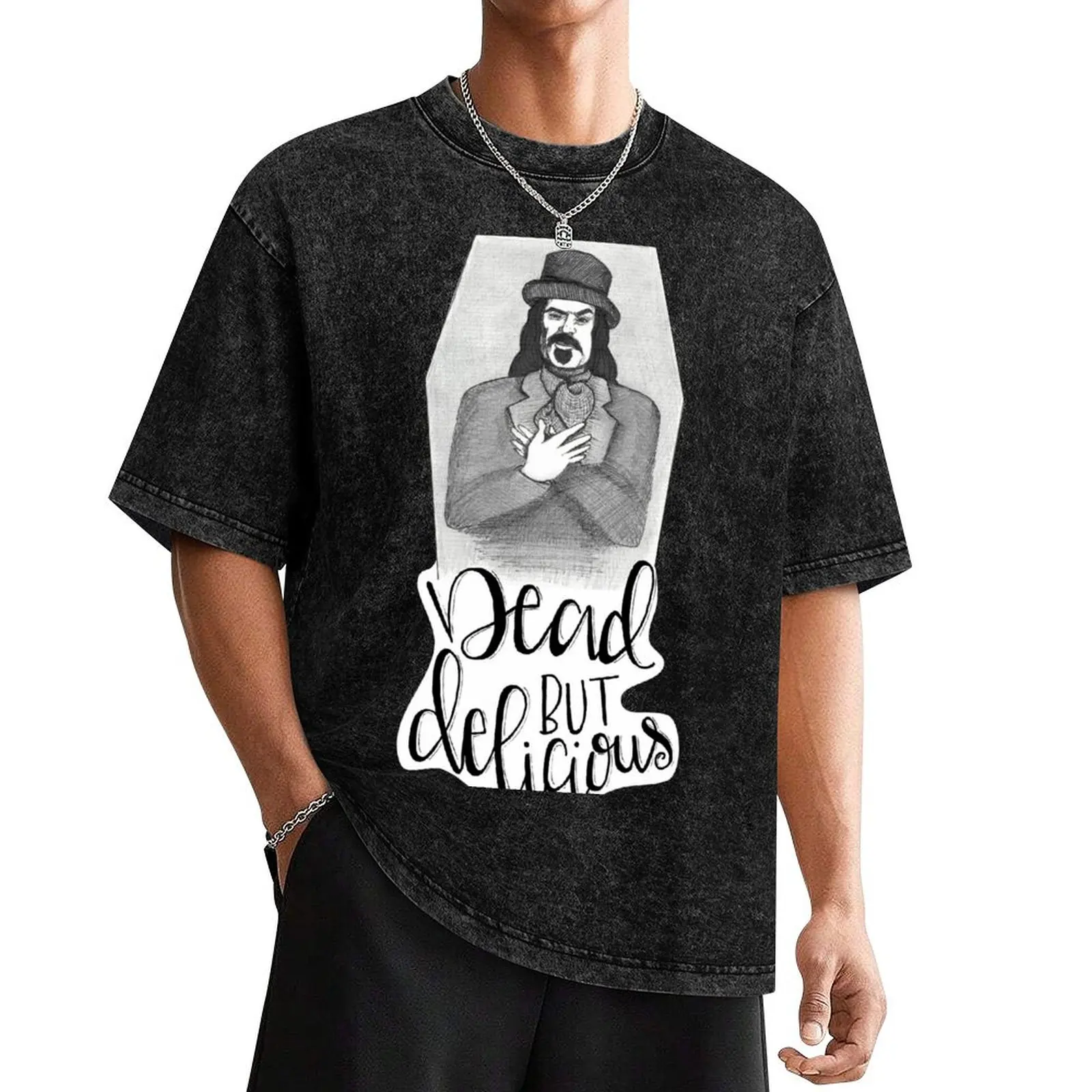 

Dead But Delicious - What We Do in the Shadows Hand Lettered Quote T-Shirt oversizeds blue archive mens clothing