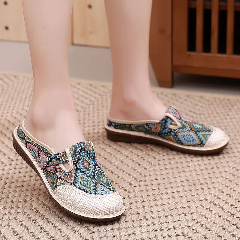 Zapatos de tela antideslizantes para mujer, sandalias y zapatillas de lino transpirables de verano, prendas de vestir exteriores para mujer,