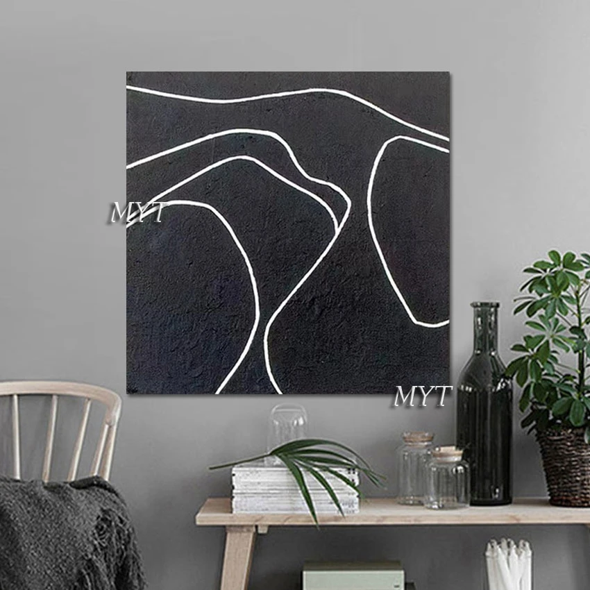 Acrylic Painting Modern Decor White Line Design Abstract Canvas Art Black Artwork Frameless Wall Pictures For Living Room