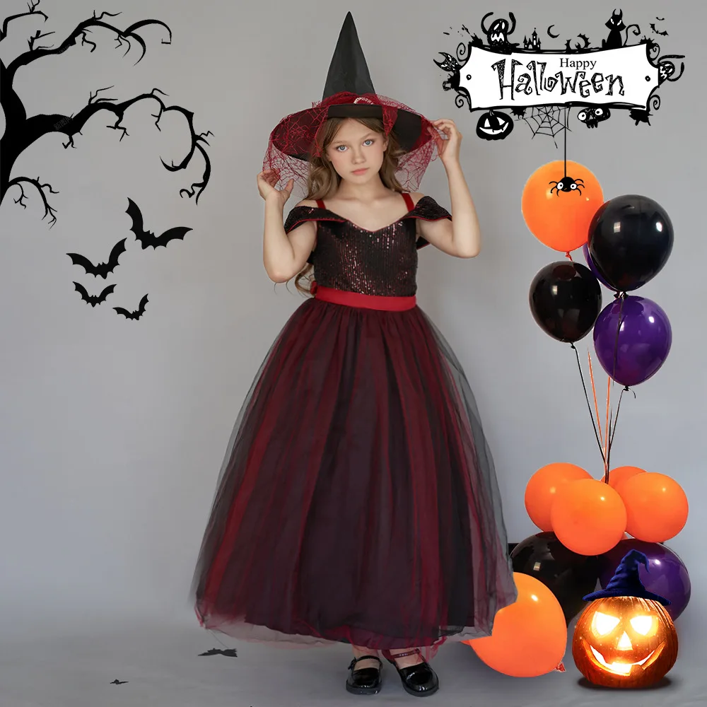 Girls Dark Red Sequins Long Dress for Girl Halloween Black Witch Cosplay Costumes Children Evening Party Mesh Dress Performance