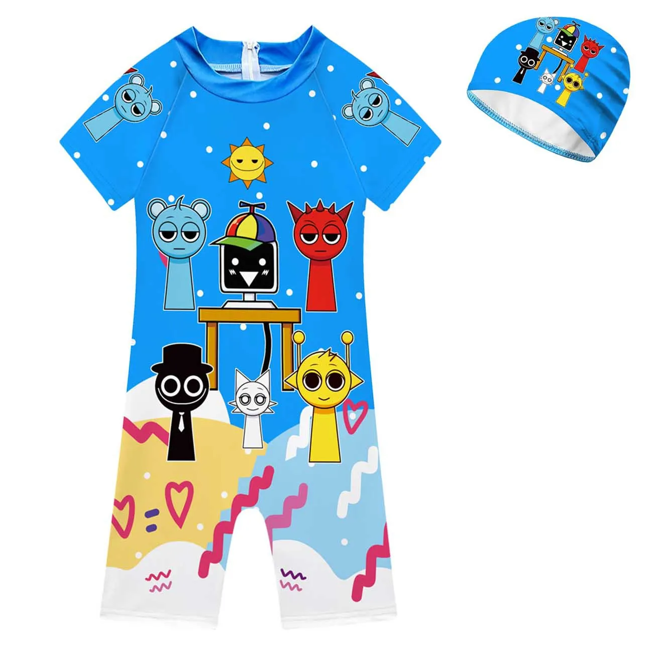 Summer Sprunki Plush Swimwear Kids Costume Toddler Baby One-piece Swimming Cap Bathing Suit Boys Girls Sprunki Print Beachwear view 5