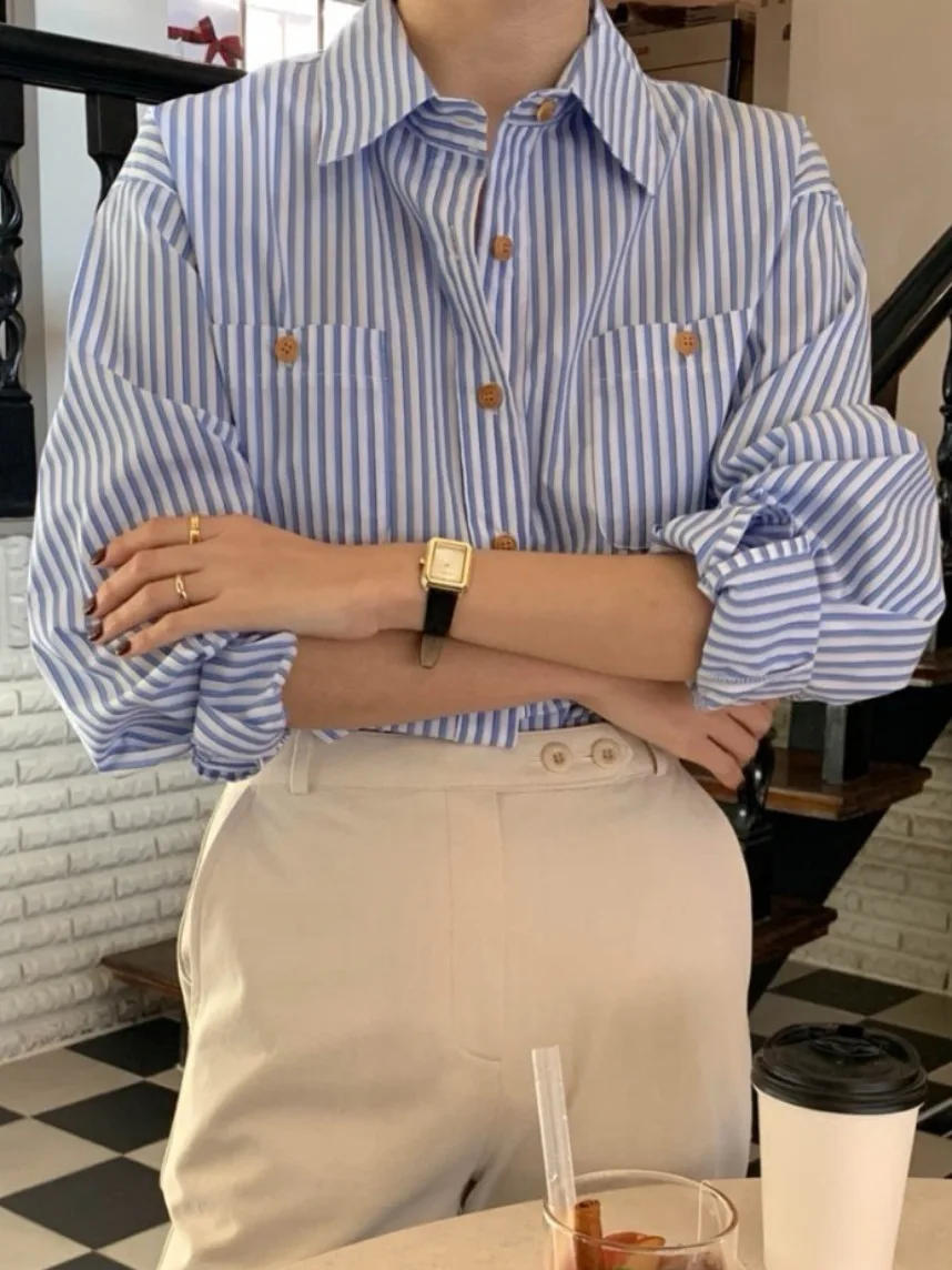 Retro a righe casual irt da donna inizio autunno nuovo allentato versatile fidanzato Sle Ele Top versione coreana pendolari Sle