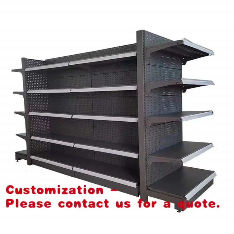 Estante de góndola metálico de doble cara, resistente, para exhibición comercial en supermercados, tiendas de conveniencia y tiendas de abarrotes.