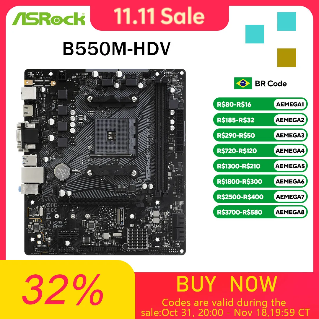 ASRock B550M-HDV Motherboard AM4 B550 Motherboard PCIe 4.0 DDR4 4733MHz 64GB B550M-HDV for Ryzen5600G 5800X3D APU Micro-ATX