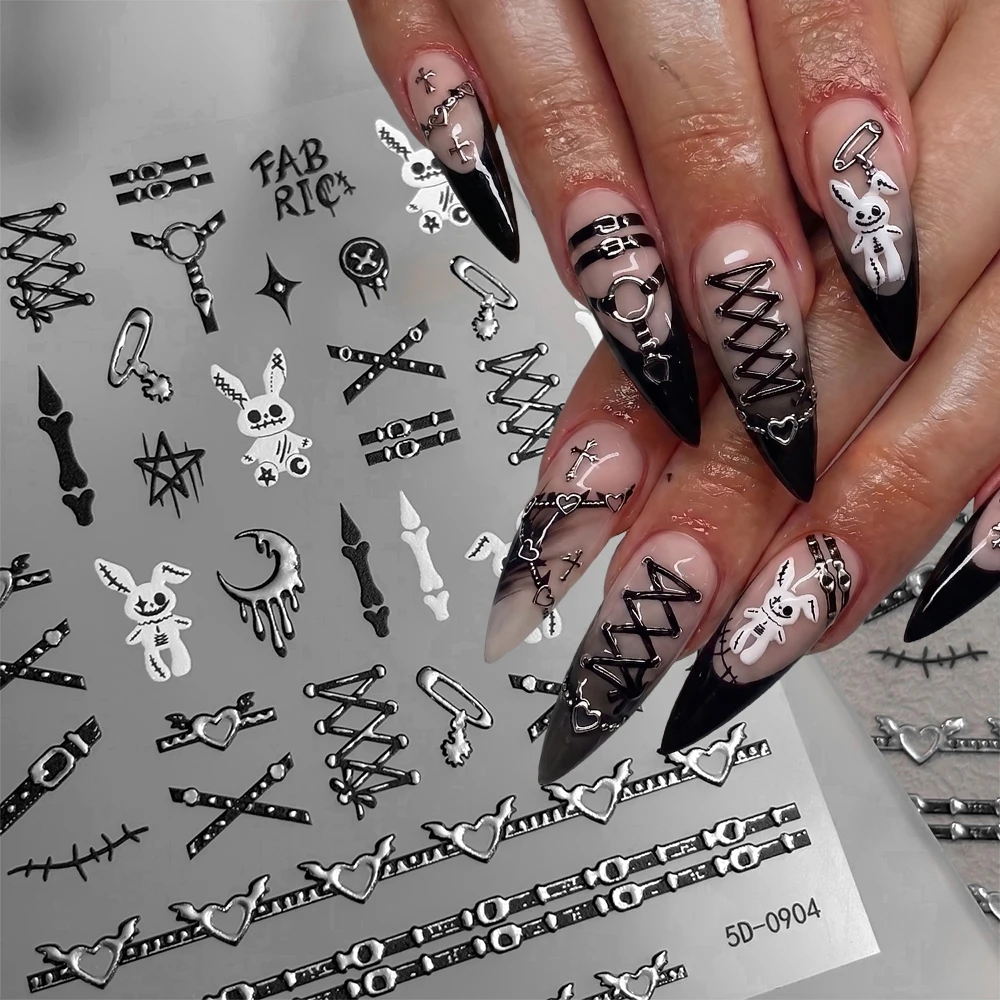 1 Stück Gothic Schwarzer Schnallengürtel Bandage Hasen-Nagelaufkleber 5D Geprägter Metall-Flüssig-Herz-Mond Selbstklebende Nagelsticker DIY Deko